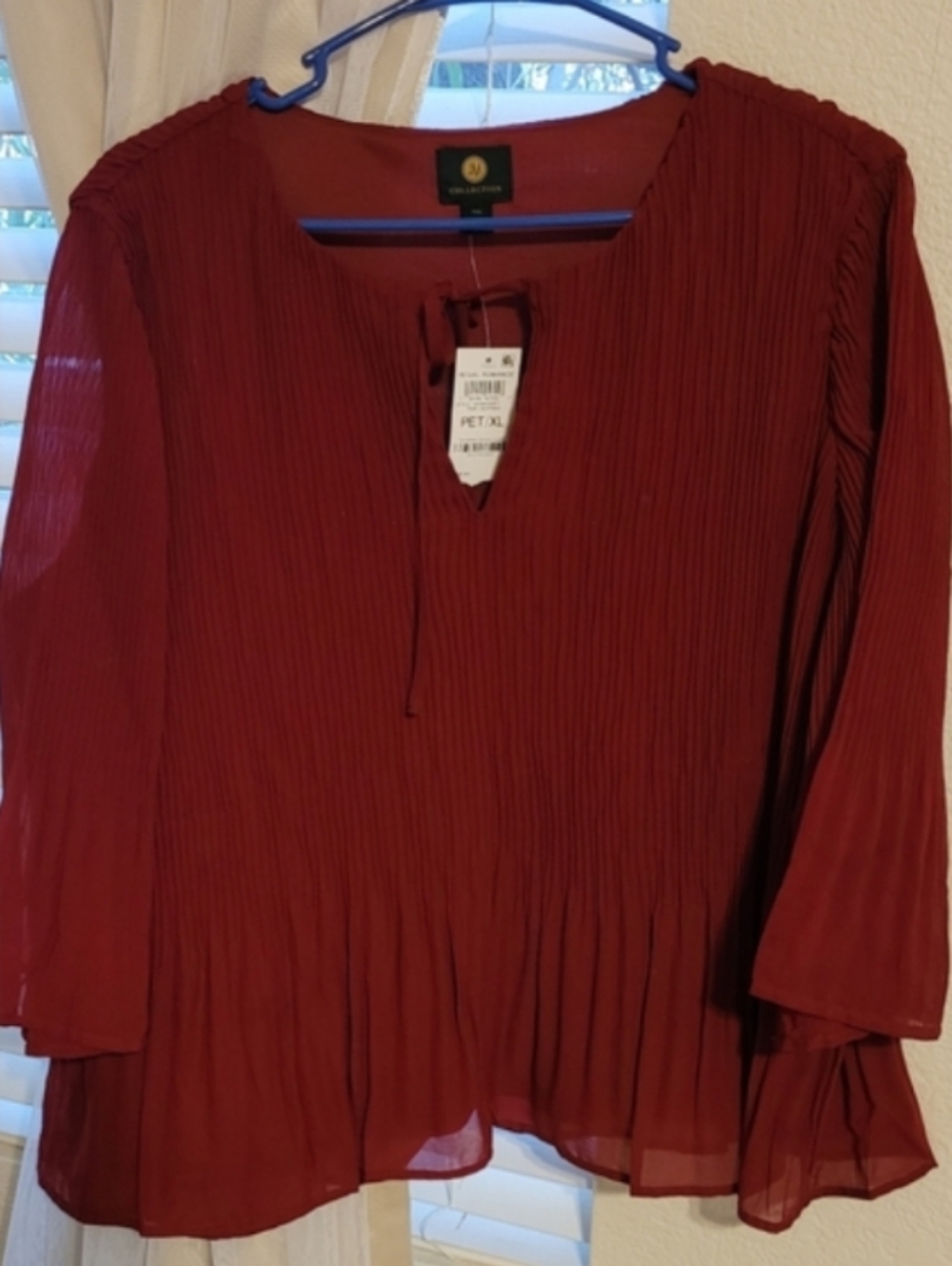 JM Collection Wine Pleated Tie-Neck Blouse - Picture 2 of 6